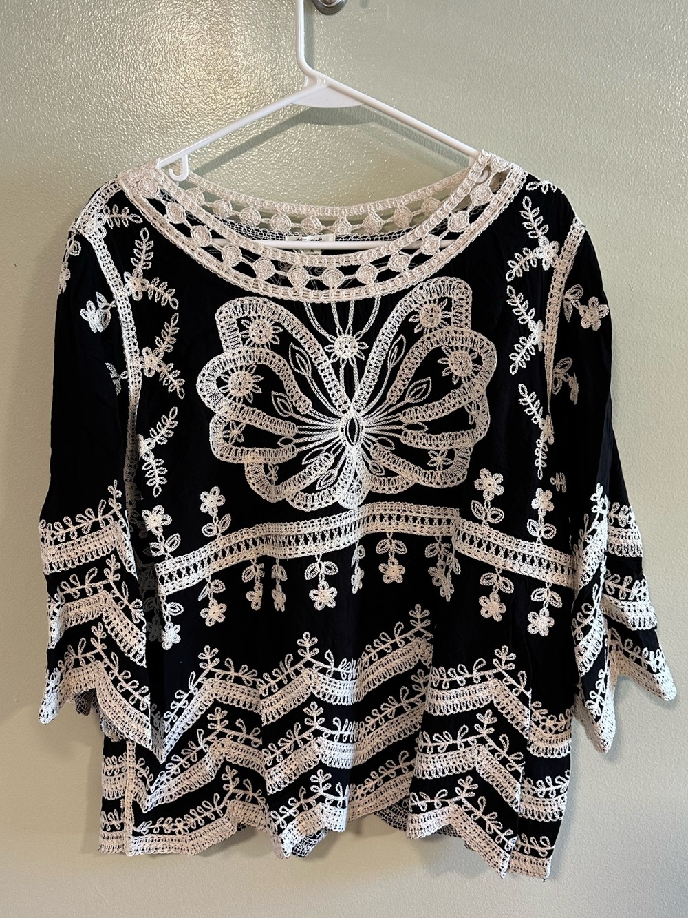 Ultra Pink Black & Cream Embroidered Crochet Boho Top